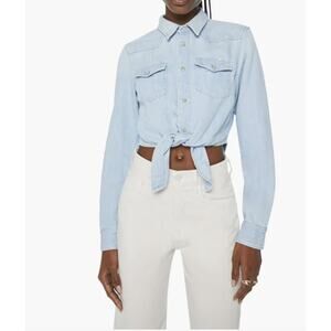 MOTHER The Knotted Exes Denim Shirt Light Blue Cotton Linen Top Size XS NEW